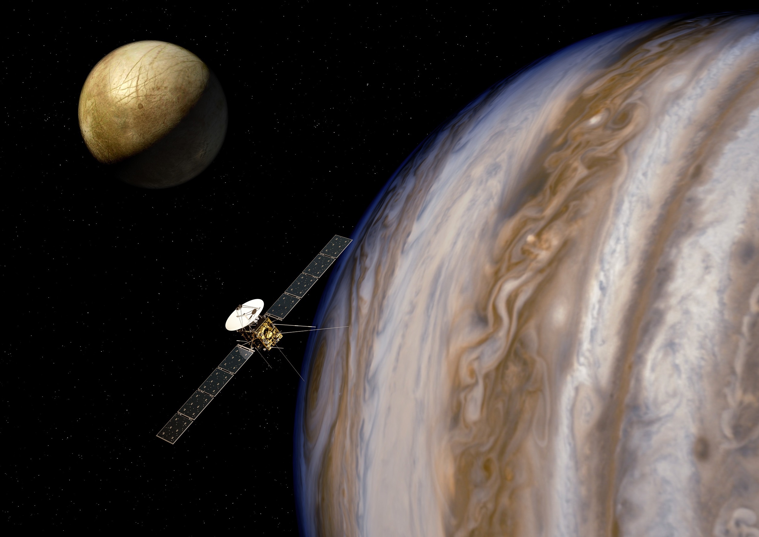 Illustration of JUICE near Jupiter and Ganymede