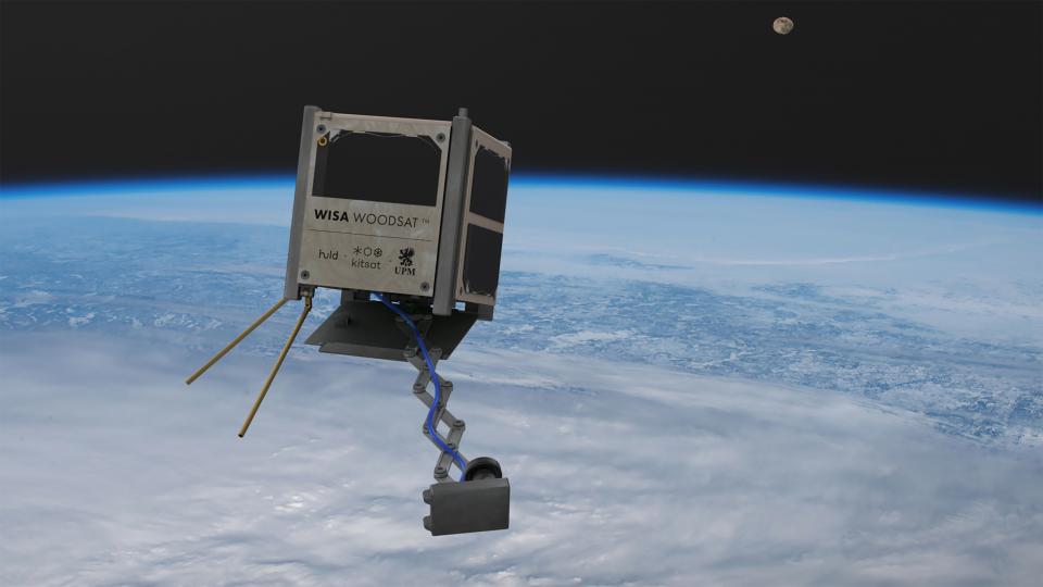 WISA Woodsat in space as seen by an artist.